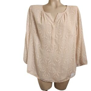 Talbots cream Geometric Clip Dot Split Neck Blouse L 3/4 Sleeve Lined Top boho